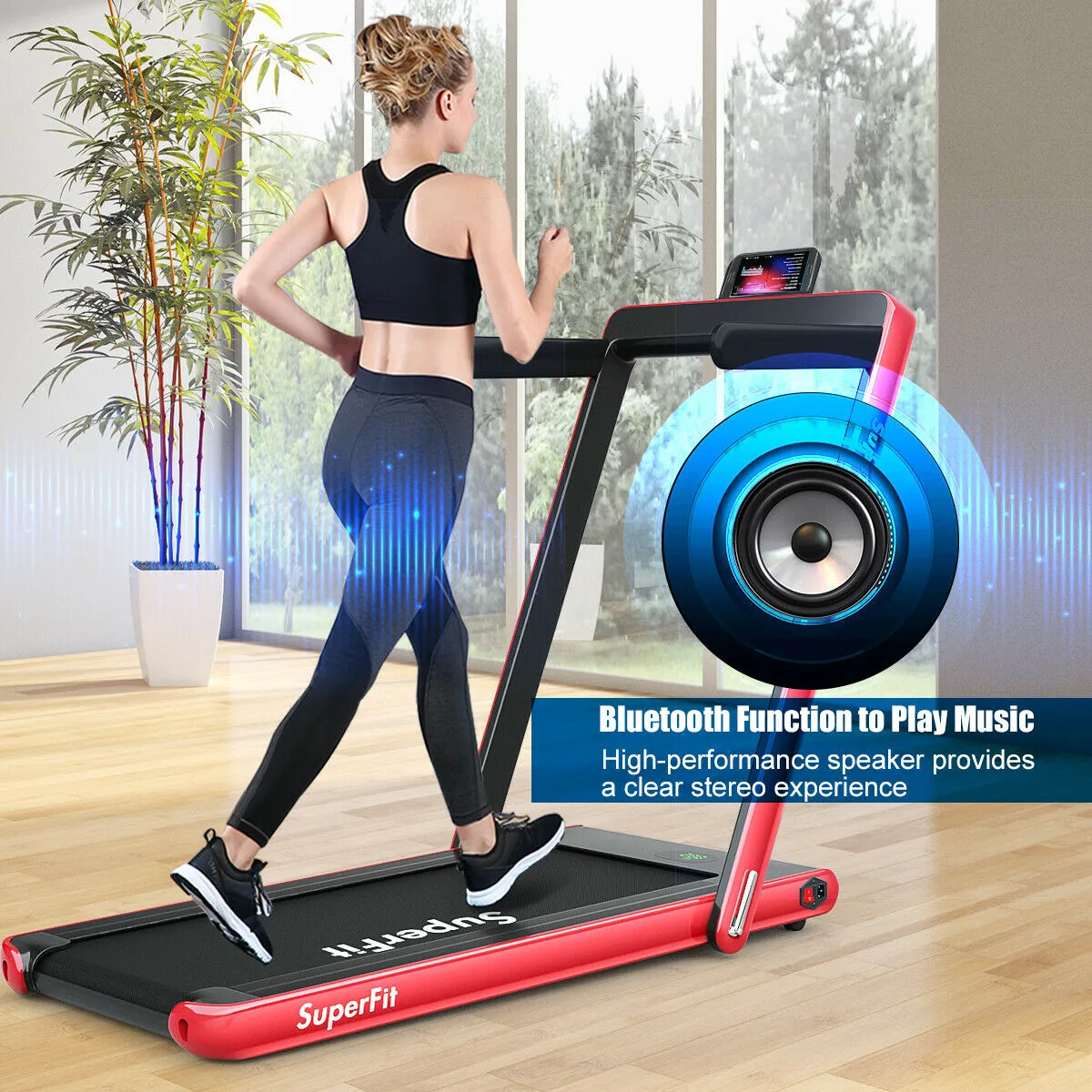 1-12Km/h Folding Bluetooth Electric Treadmill Motorized Portable Running Machine-Red