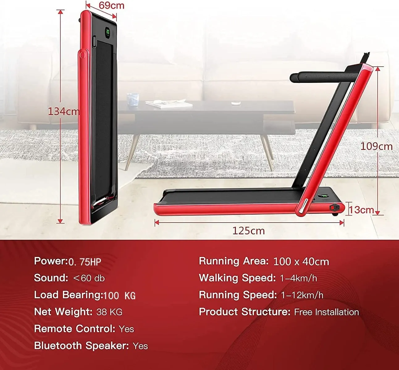 1-12Km/h Folding Bluetooth Electric Treadmill Motorized Portable Running Machine-Red