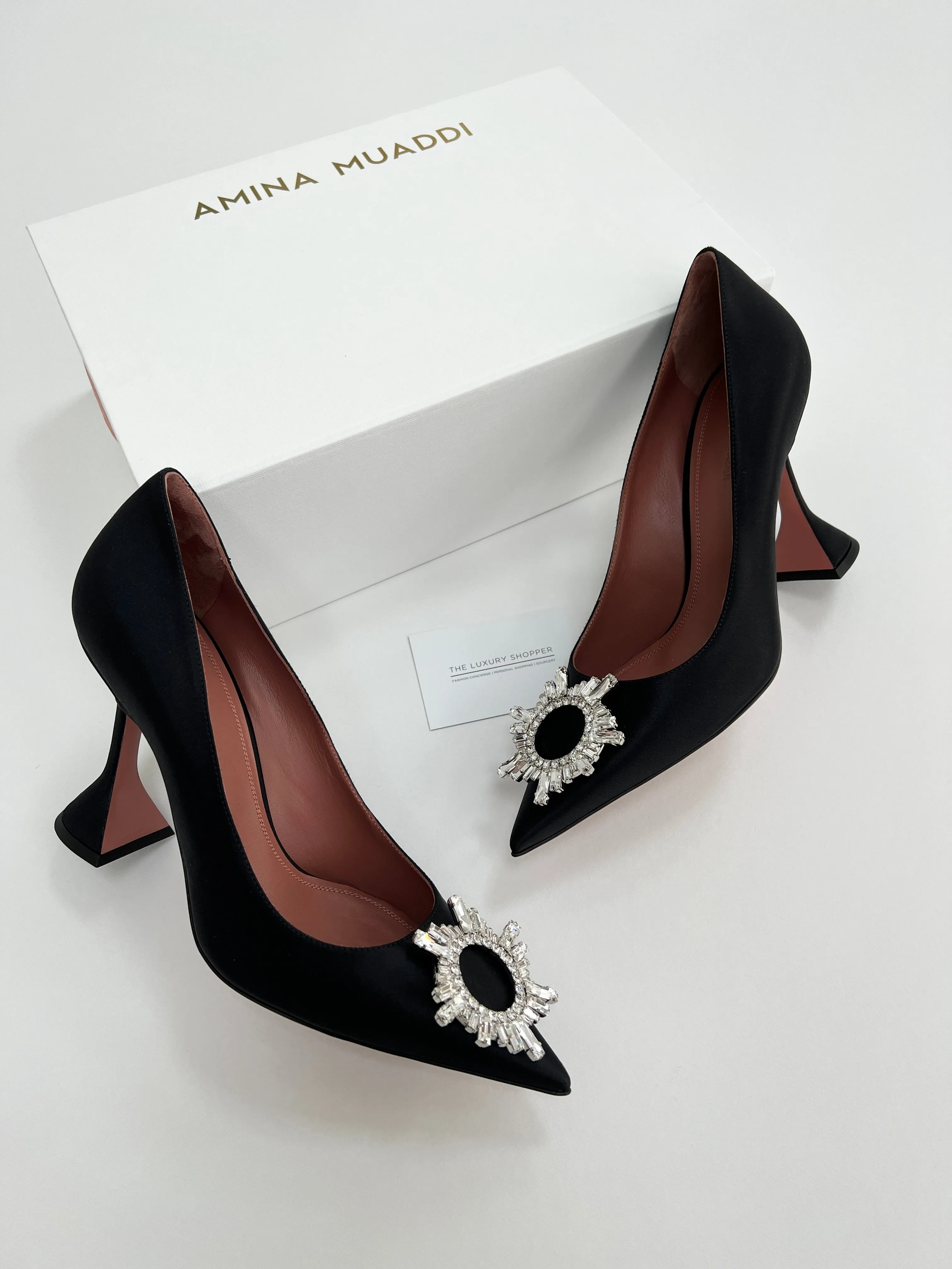 Amina Muaddi Begum Satin Black Crystal Pumps