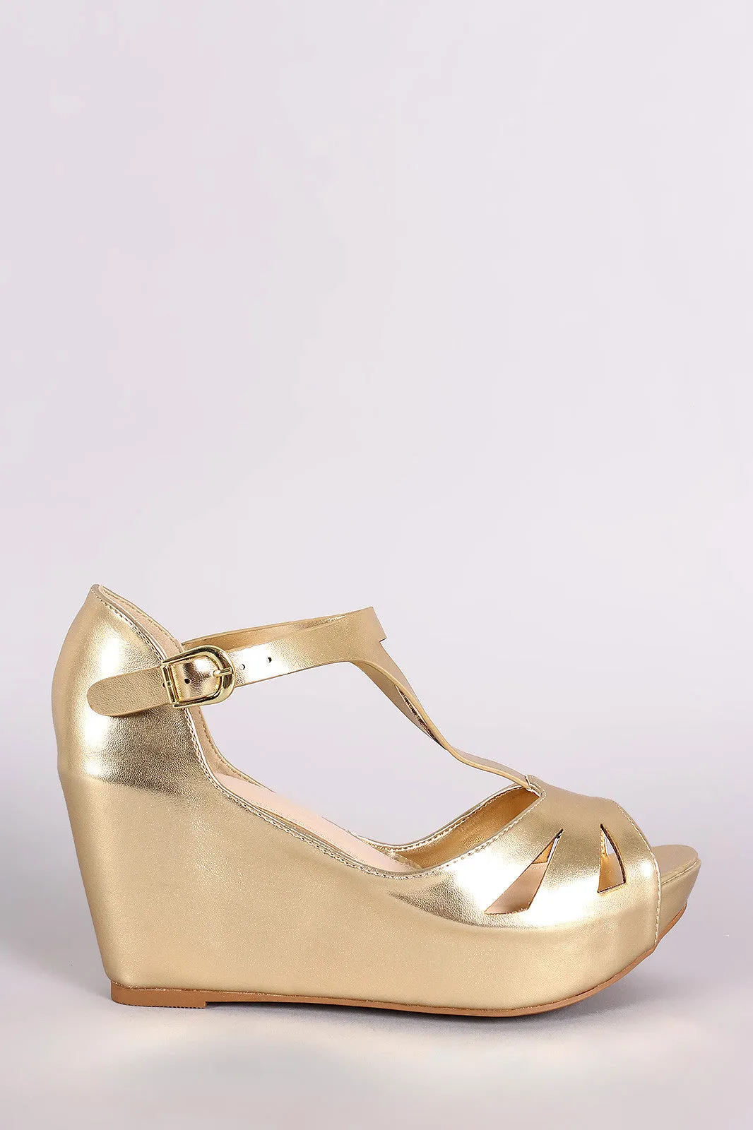 Bamboo Metallic Cutout Peep Toe Platform Wedge