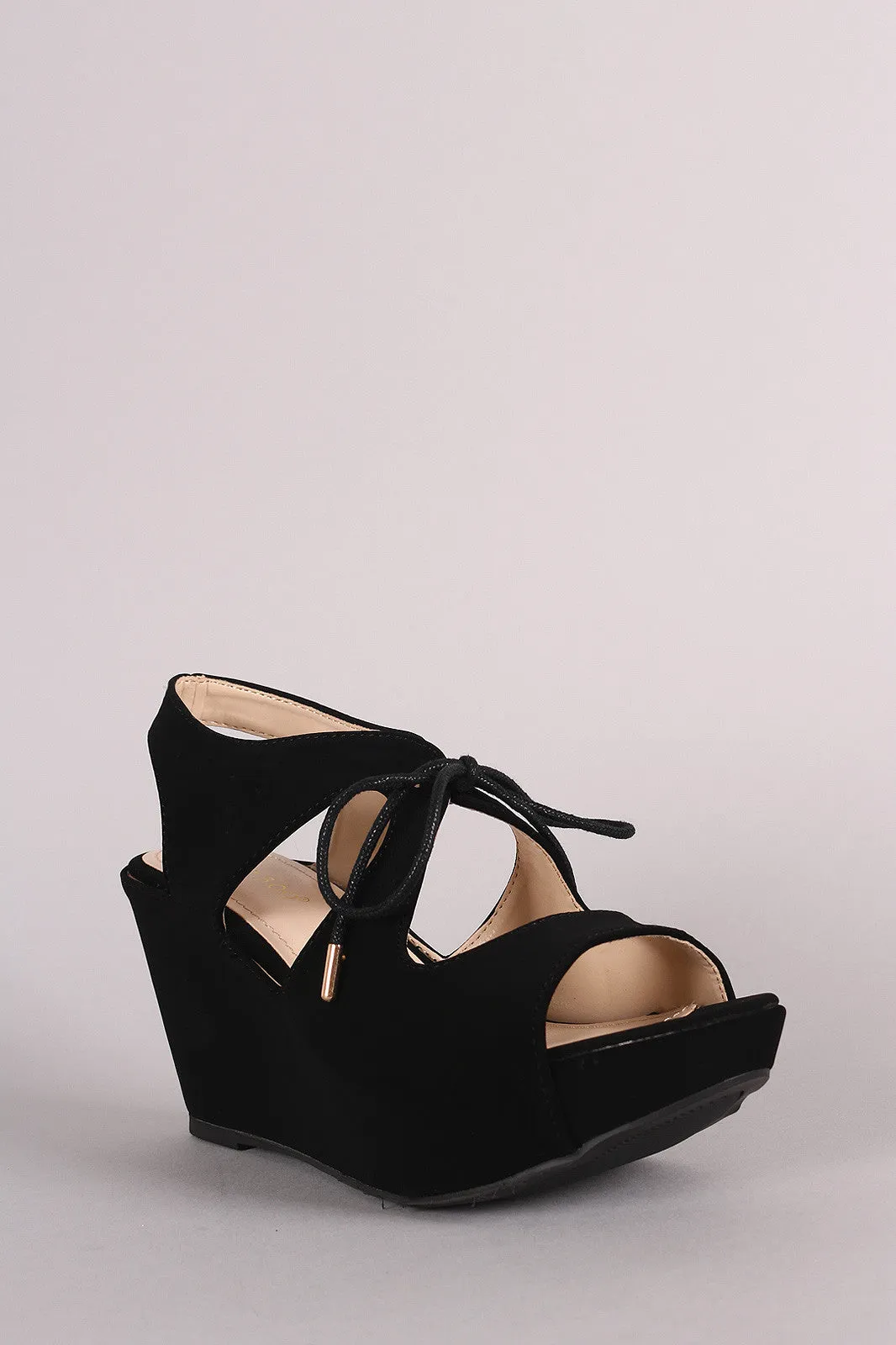 Bamboo Nubuck Cutout Lace-Up Platform Wedge