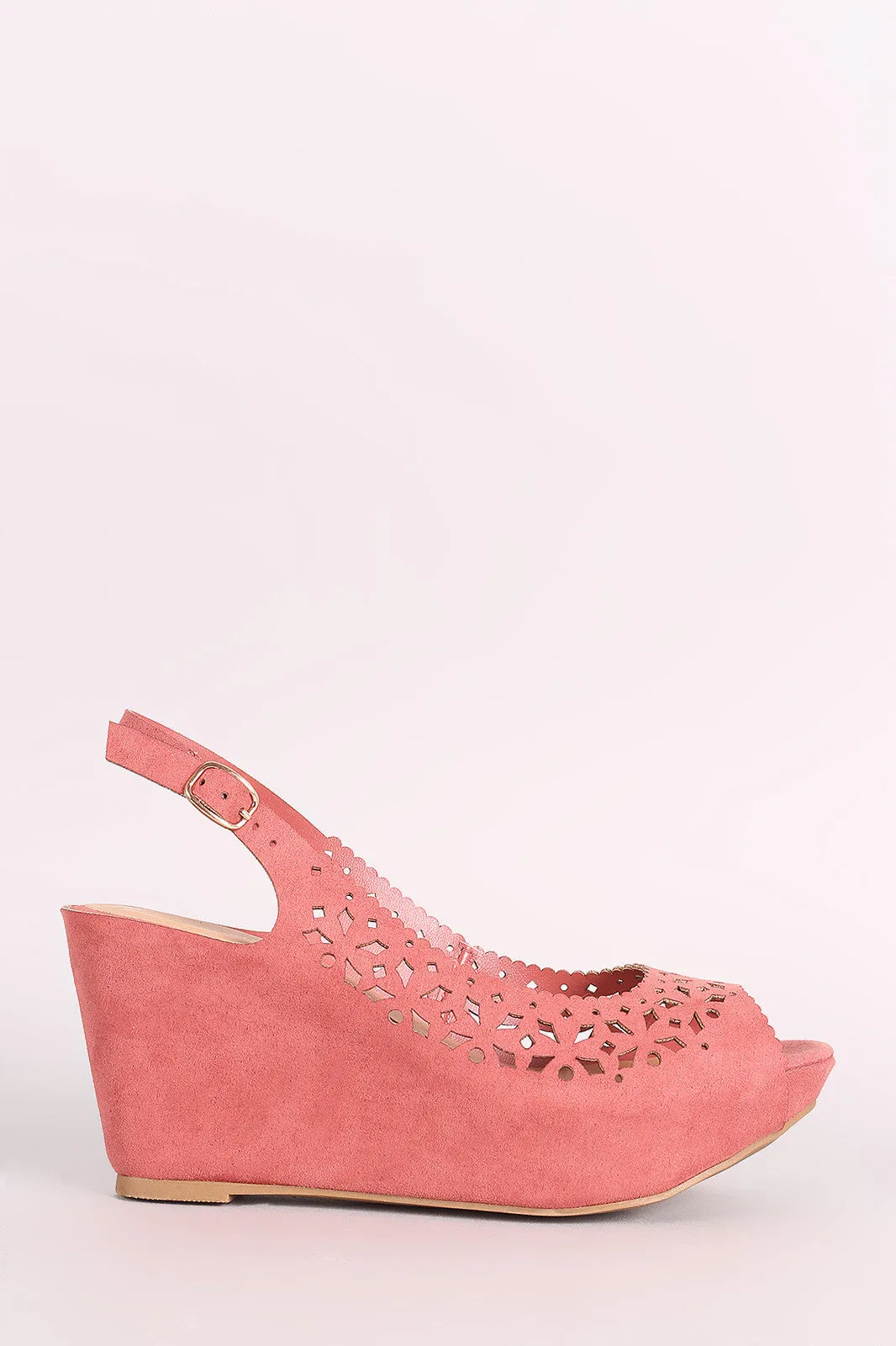 Bamboo Suede Perforated Peep Toe Slingback Platform Wedge