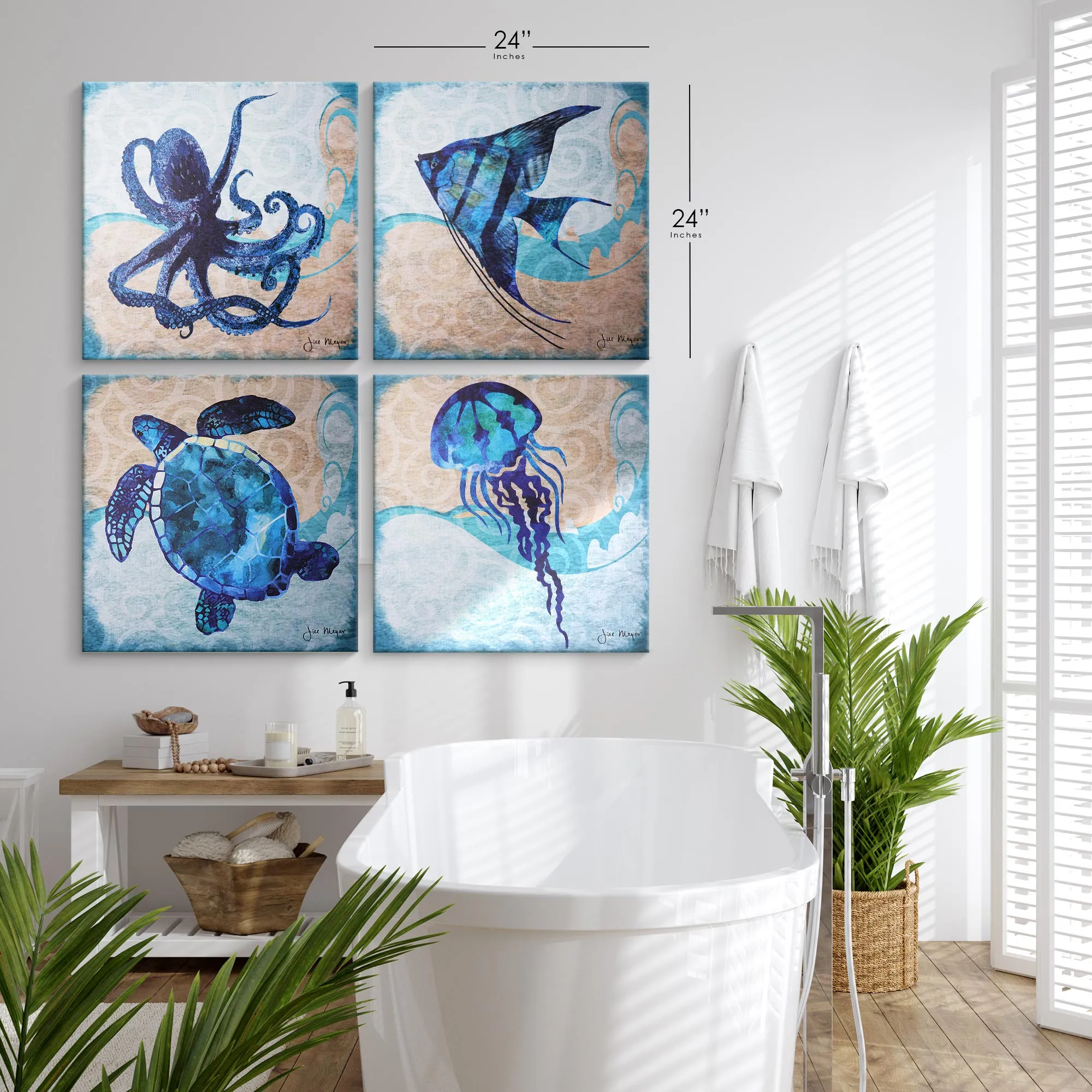 Beach Dark Blue Ocean Animal Angelfish Sea Turtle Octopus Jellyfish Canvas Art - 24" x 24"