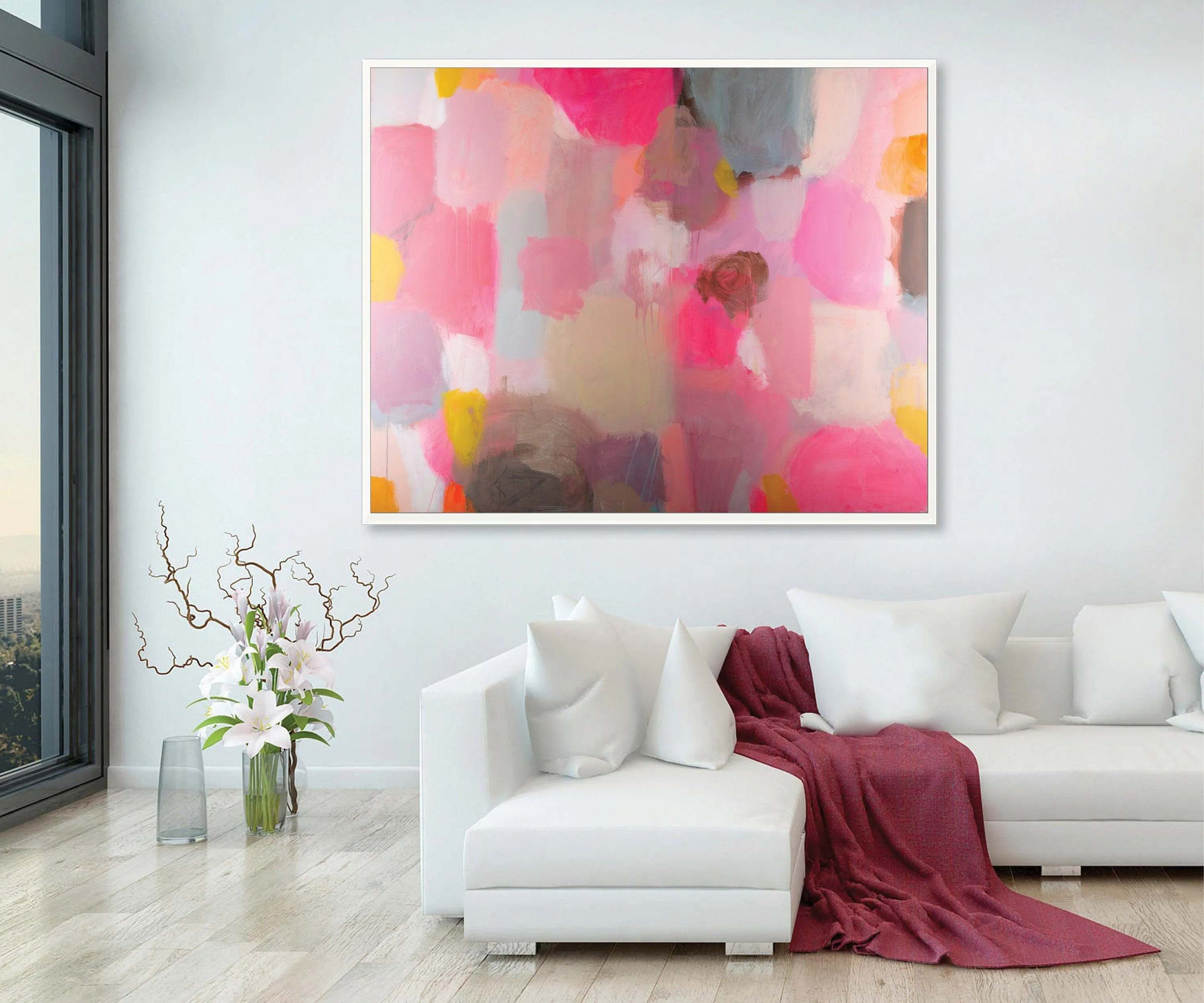 Colorful red pink extra large modern wall art, Landscape print, large abstract painting print, pink and yellow painting, acrylic abstract