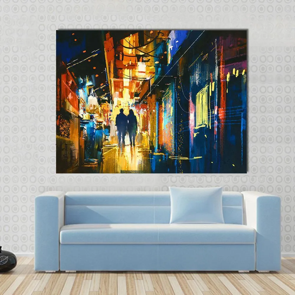 Couple Walking In Alley Canvas Wall Art