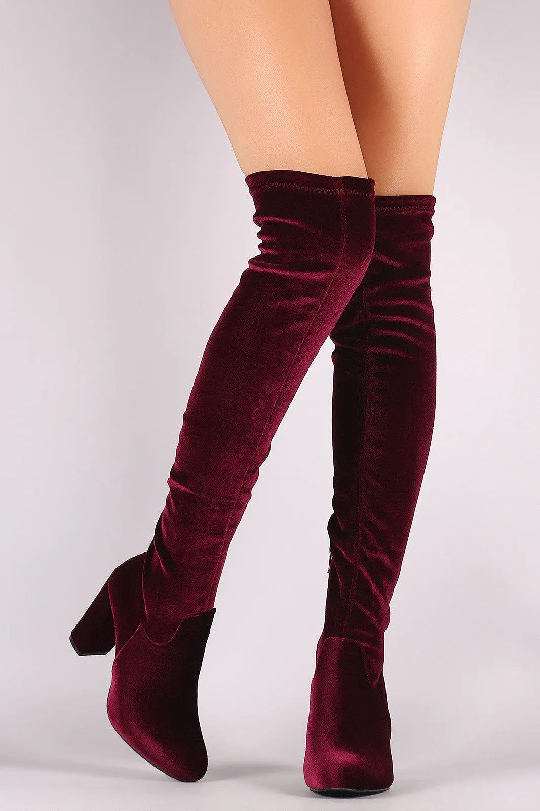 Crushed Velvet Chunky Heeled Over-The-Knee Boots