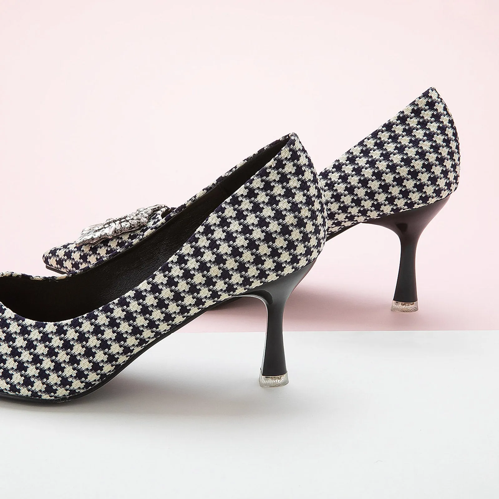 Crystal Buckle Tweed Pumps (Olivia) Houndstooth