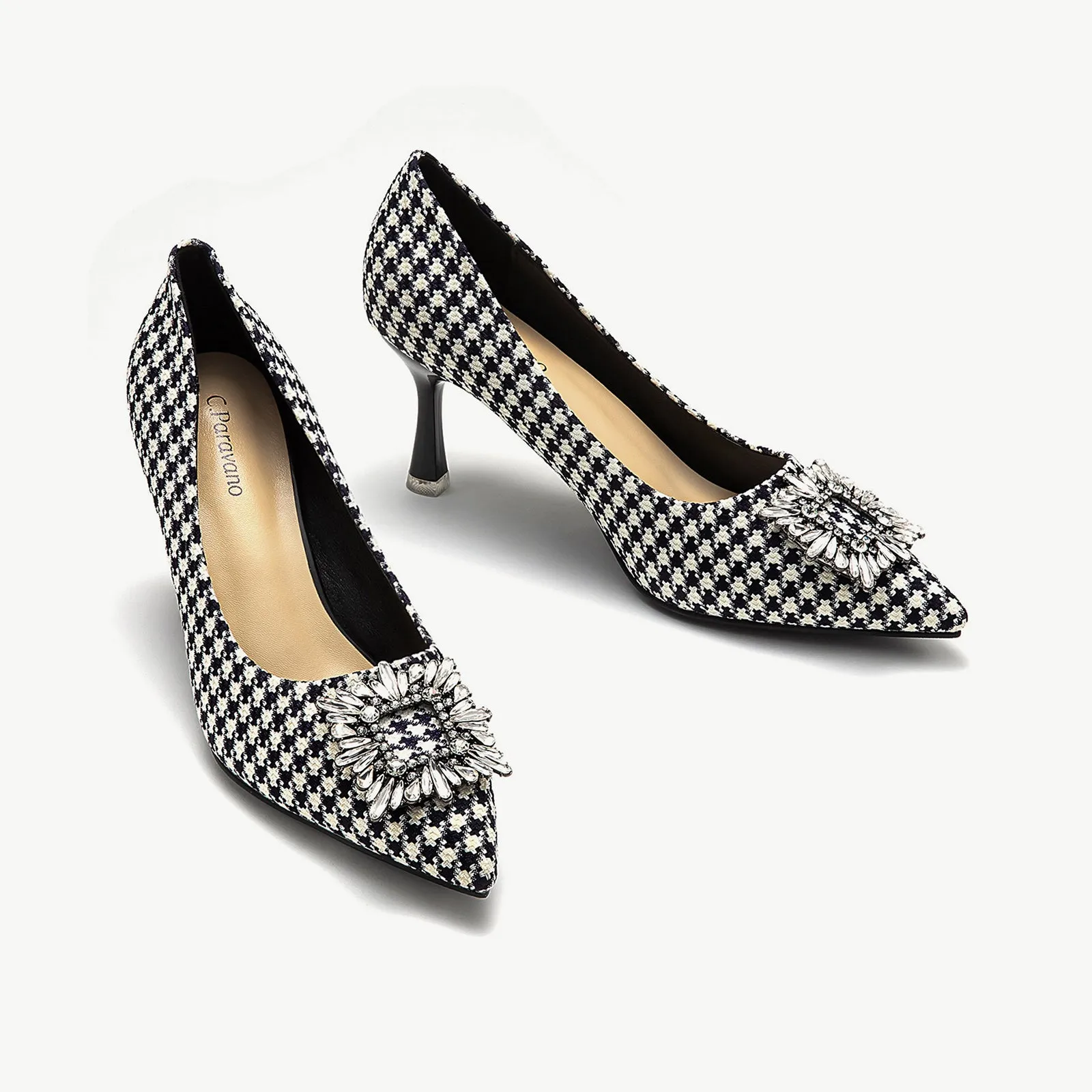 Crystal Buckle Tweed Pumps (Olivia) Houndstooth