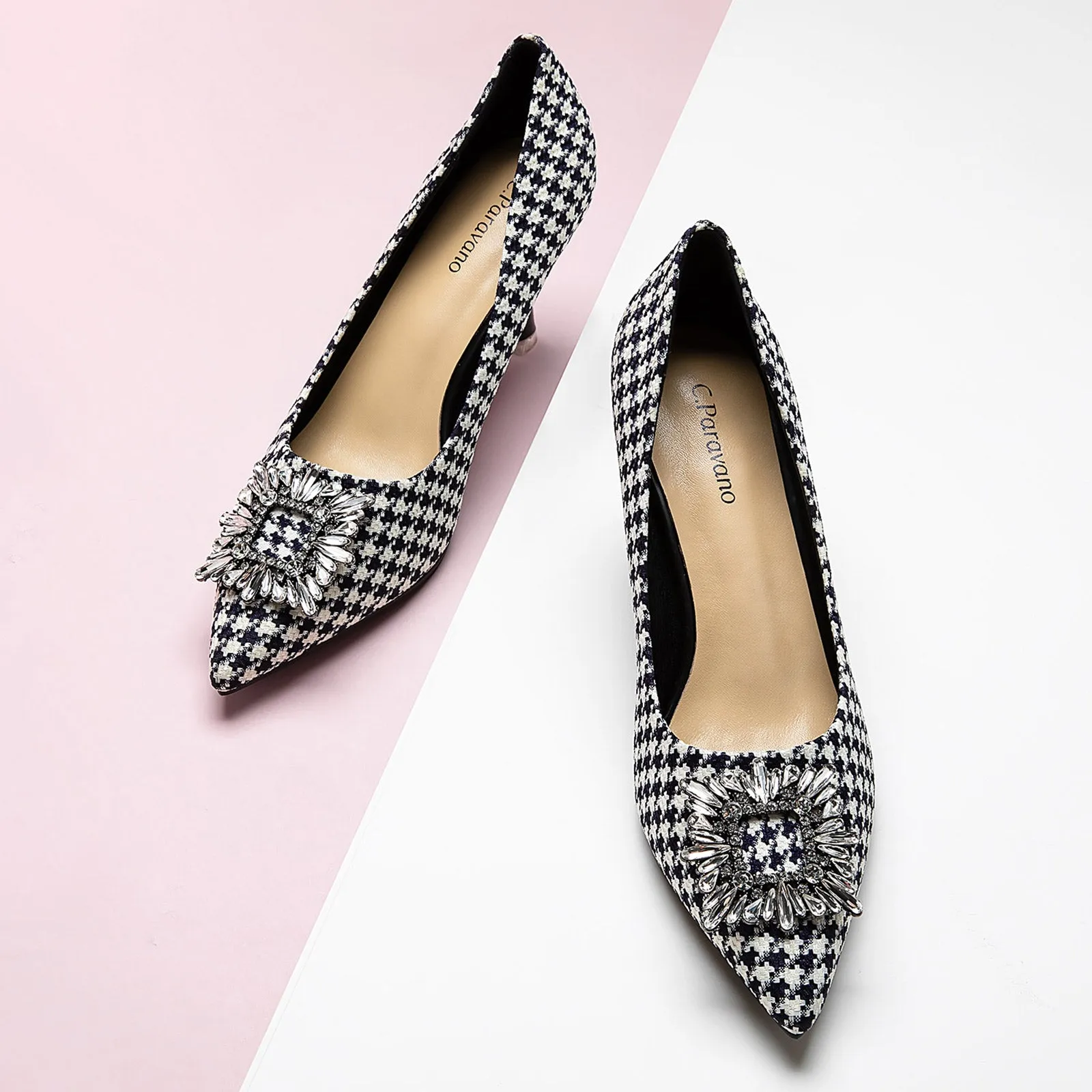 Crystal Buckle Tweed Pumps (Olivia) Houndstooth