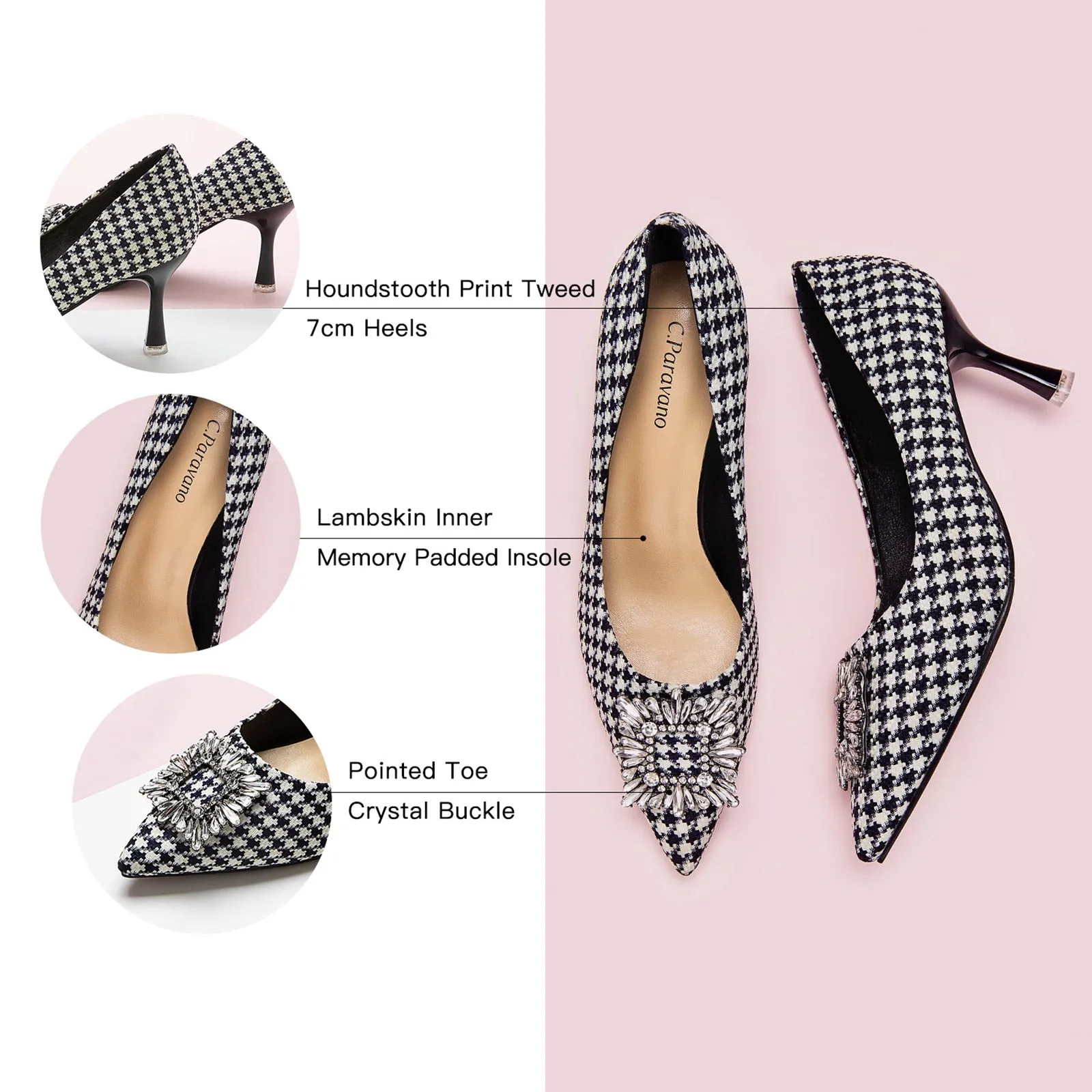 Crystal Buckle Tweed Pumps (Olivia) Houndstooth