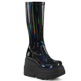 Demonia SHAKER-65 | Black Stretch Patent Hologram Knee High Boots