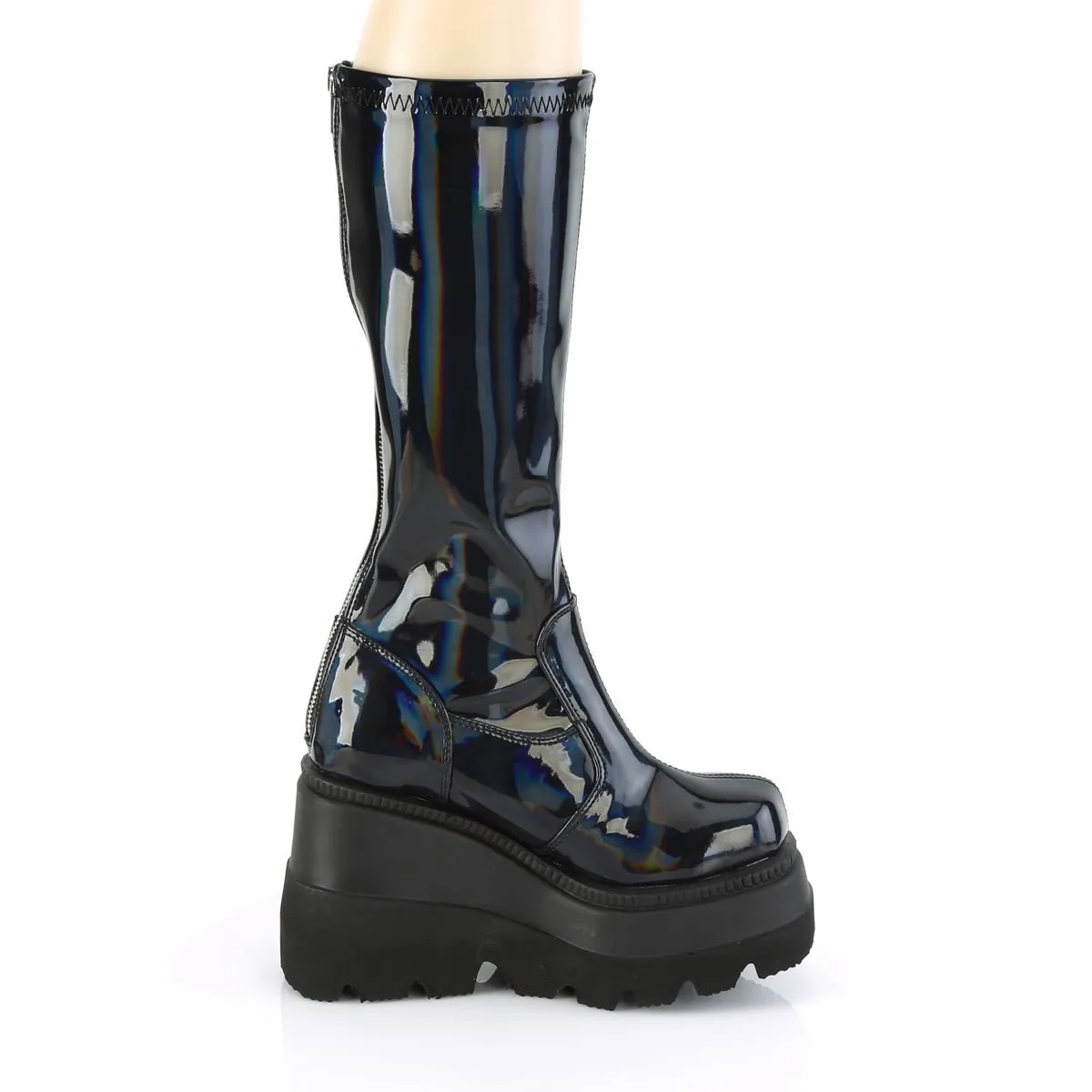 Demonia SHAKER-65 | Black Stretch Patent Hologram Knee High Boots