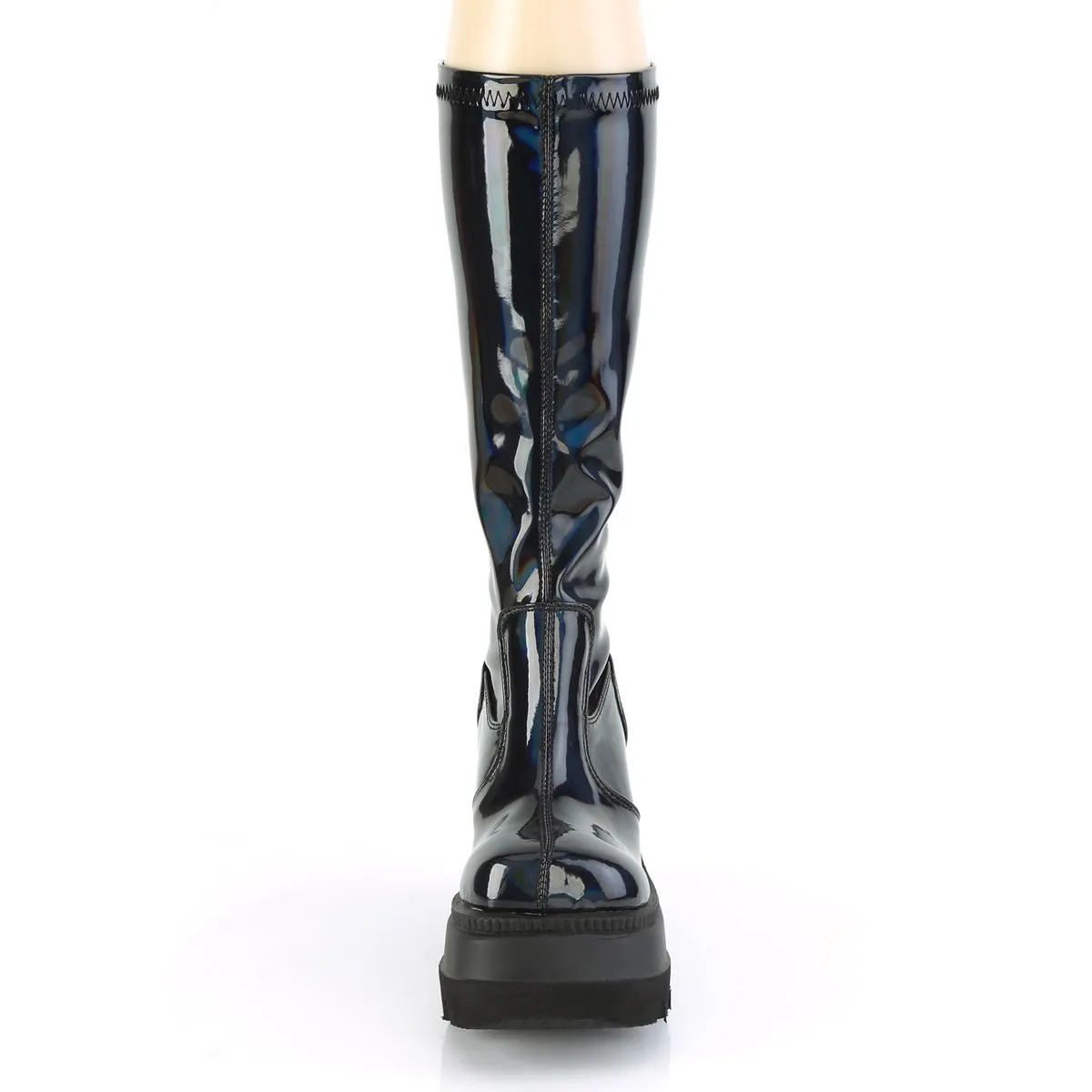 Demonia SHAKER-65 | Black Stretch Patent Hologram Knee High Boots