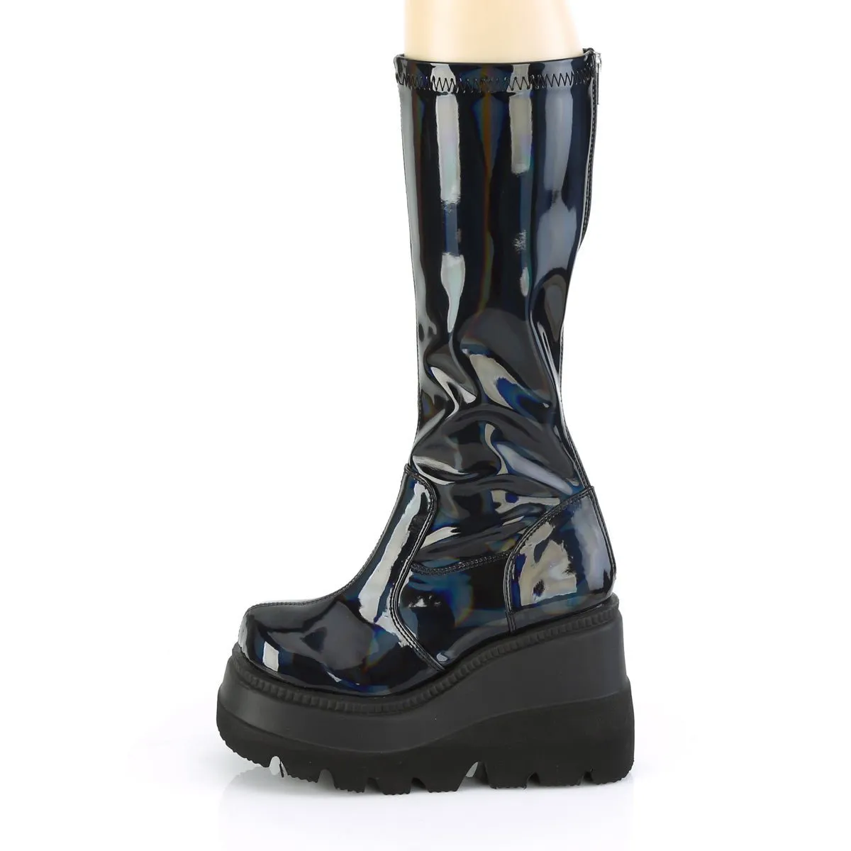 Demonia SHAKER-65 | Black Stretch Patent Hologram Knee High Boots