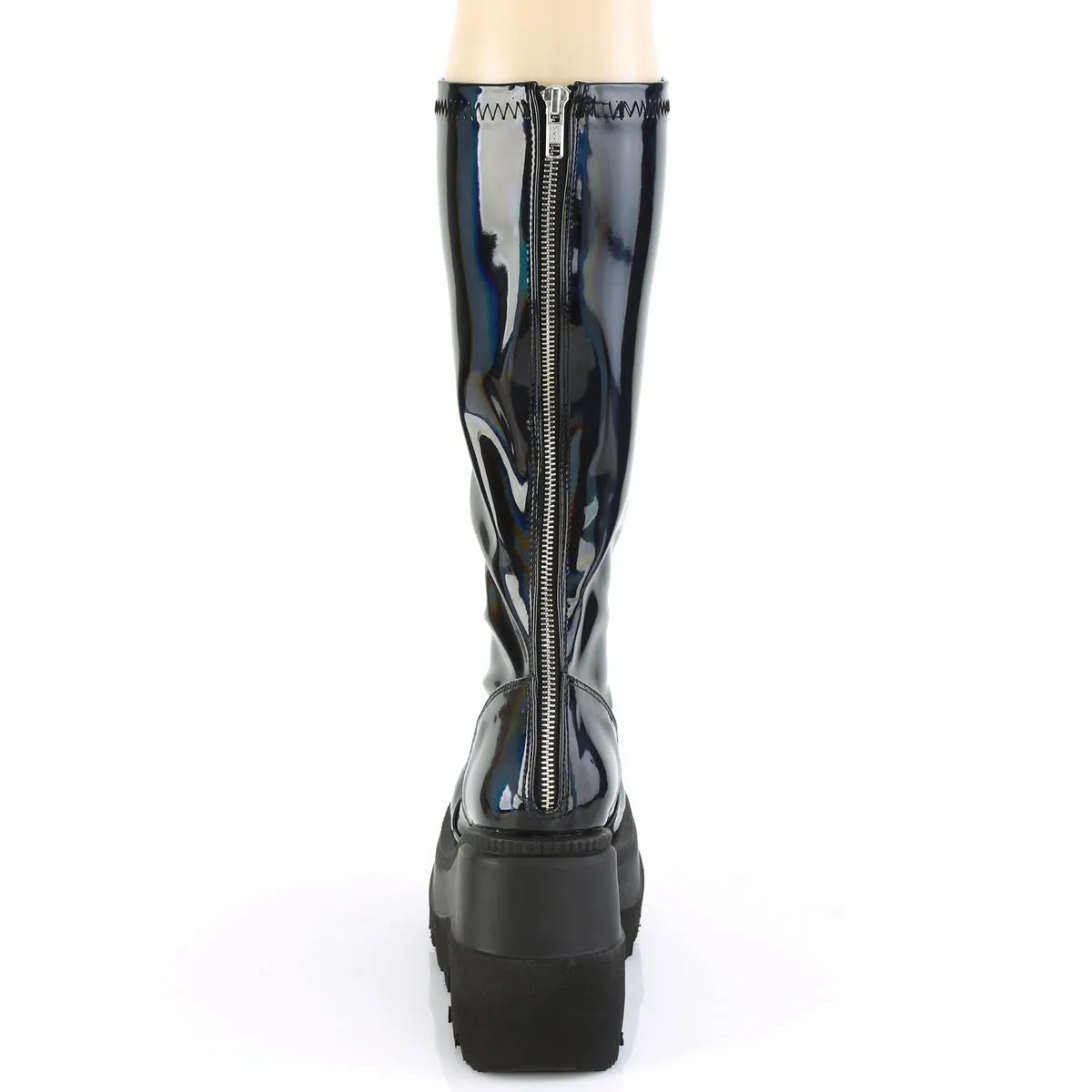 Demonia SHAKER-65 | Black Stretch Patent Hologram Knee High Boots