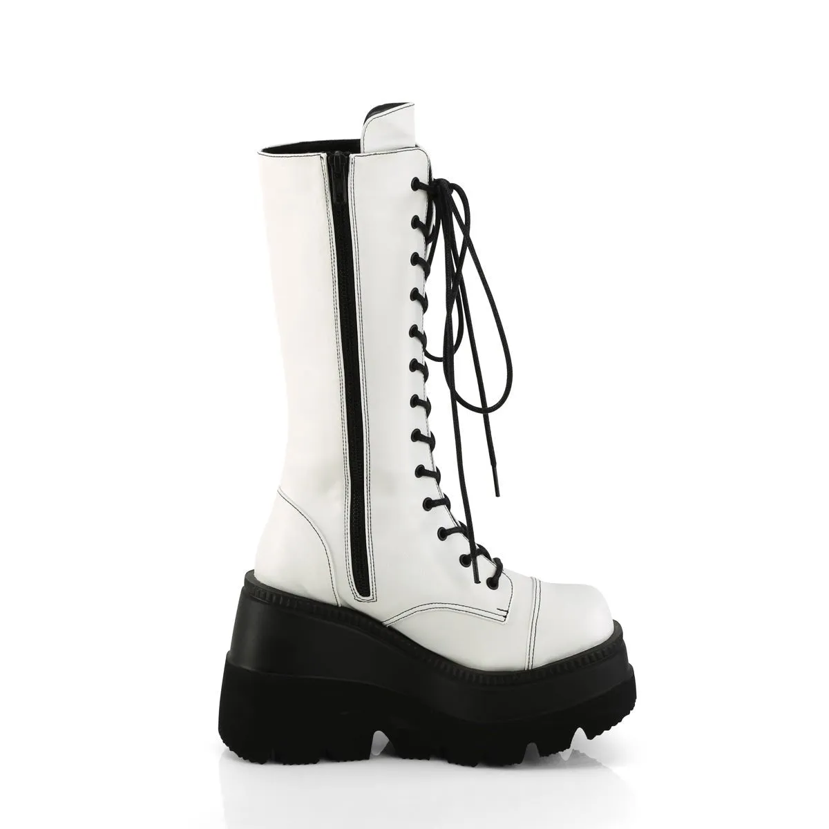 Demonia SHAKER-72 | White Vegan Leather Mid-Calf Boots