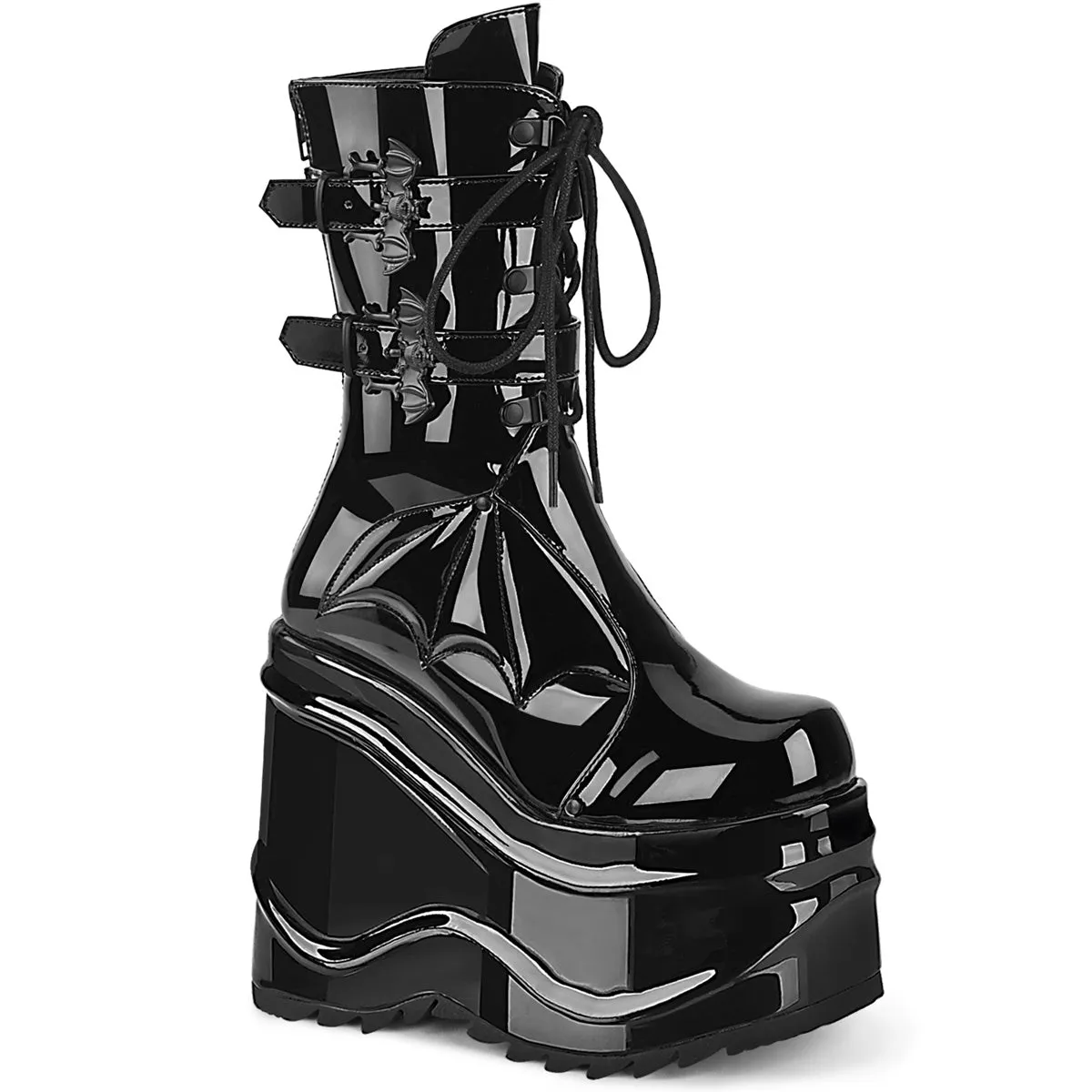 Demonia WAVE-150 | Black Patent Leather Mid-Calf Boots