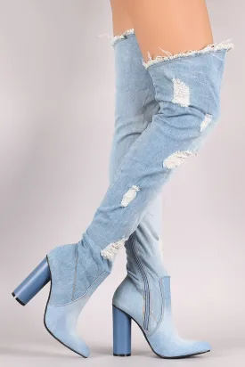 Destroyed Denim Pointy Toe Round Heeled Over-The-Knee Boots