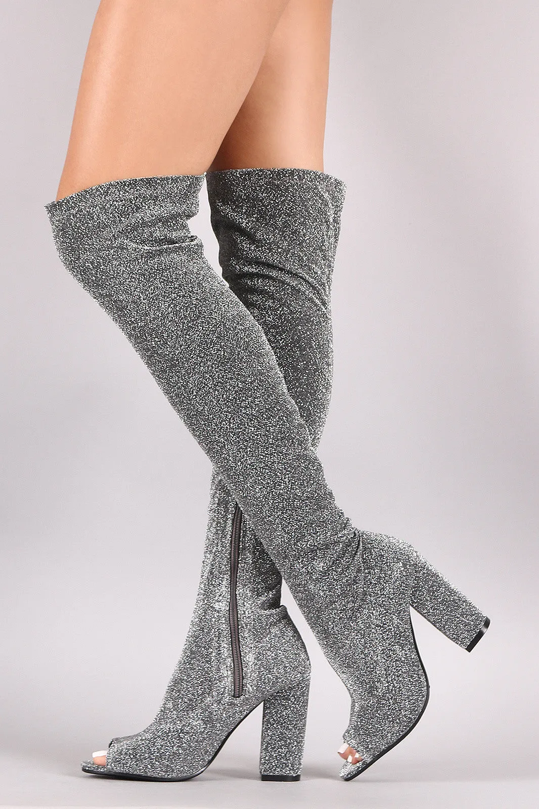 Foiled Metallic Fabric Chunky Heeled Over-The-Knee Boots