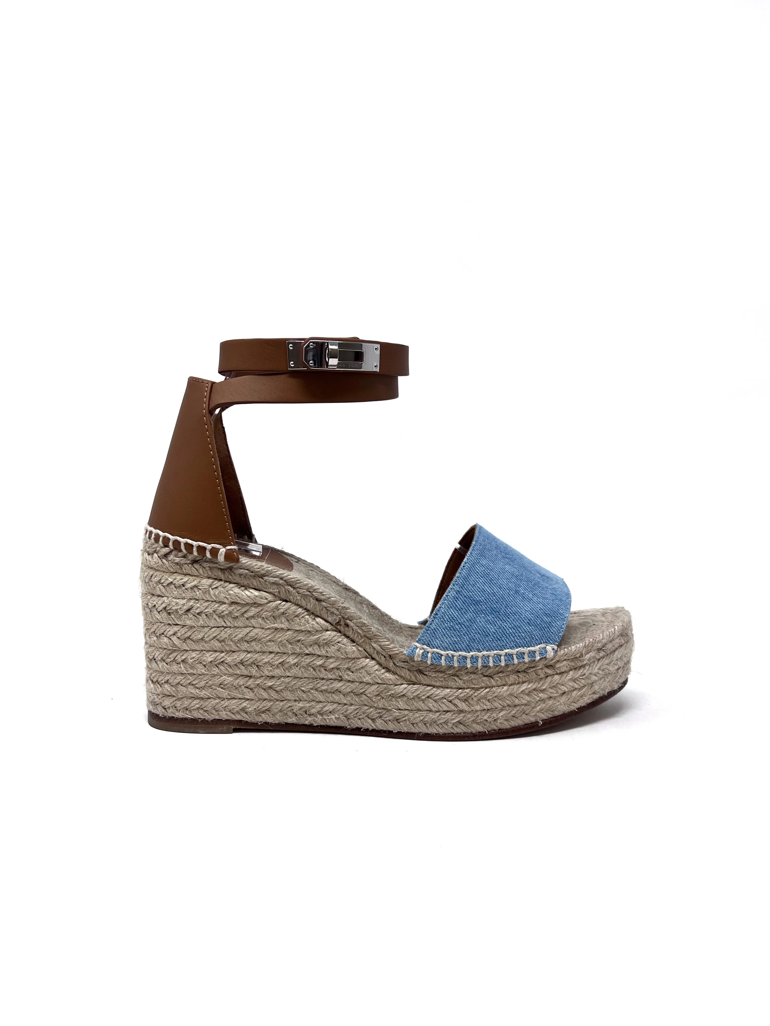 Hermes W Shoe Size 39 'Tipoli' Denim & Leather Espadrille Platform Wedge