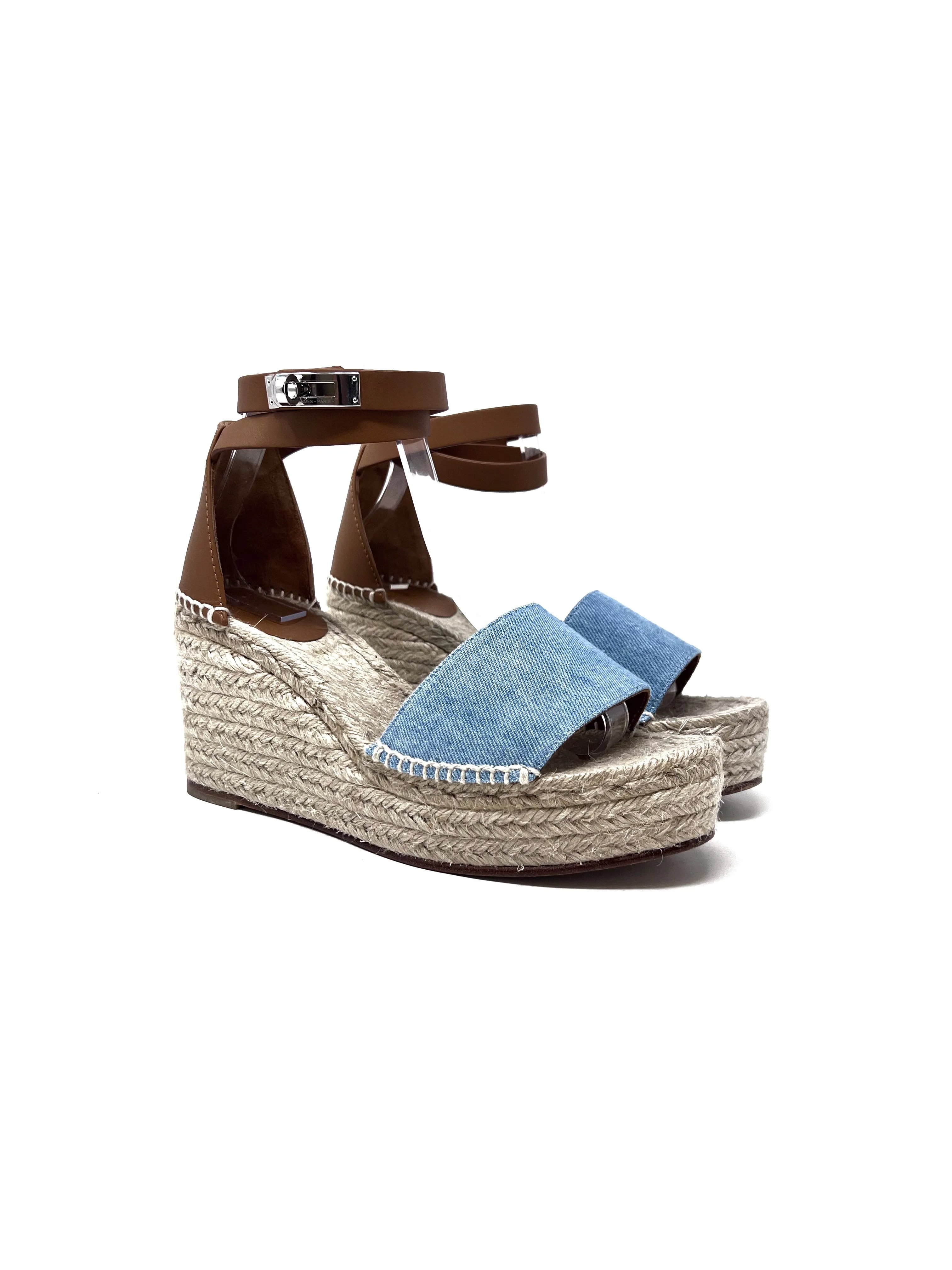 Hermes W Shoe Size 39 'Tipoli' Denim & Leather Espadrille Platform Wedge