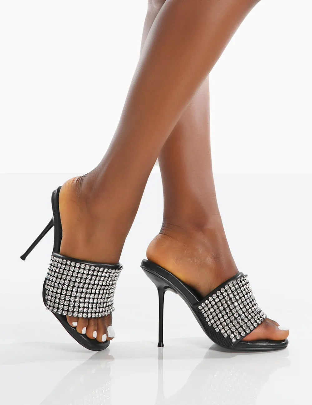 High Shine Black PU Diamante Strappy Heeled Mules