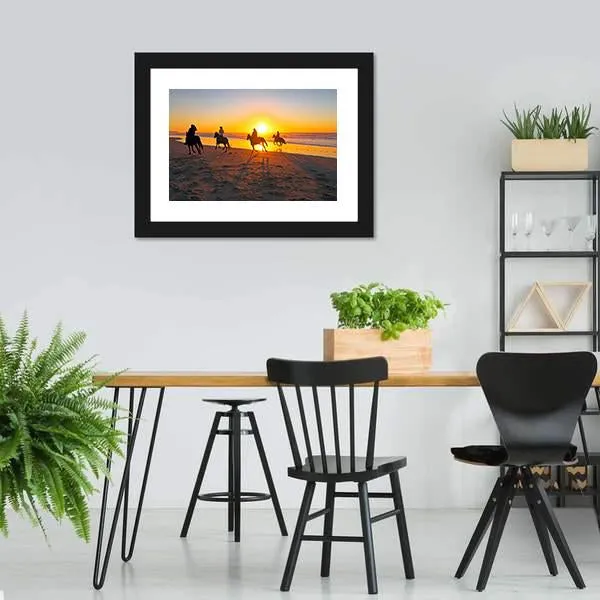 Horse Riding On Beach At Sunset Canvas Wall Art