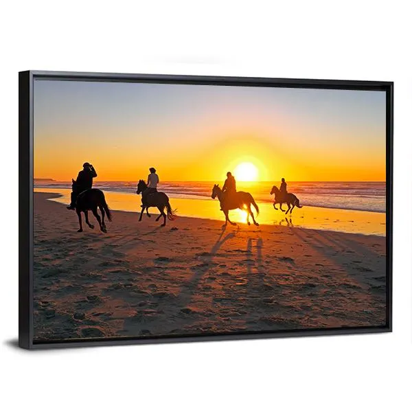 Horse Riding On Beach At Sunset Canvas Wall Art