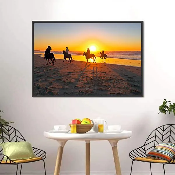 Horse Riding On Beach At Sunset Canvas Wall Art