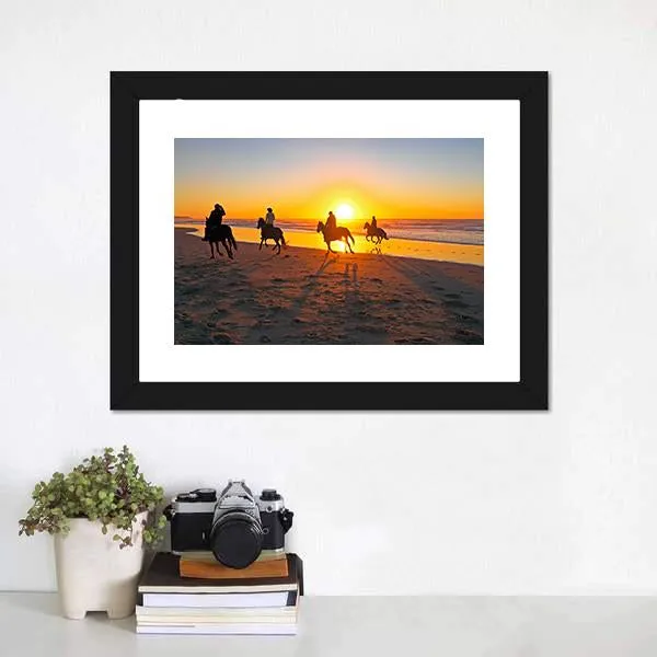 Horse Riding On Beach At Sunset Canvas Wall Art