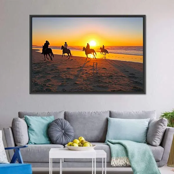 Horse Riding On Beach At Sunset Canvas Wall Art