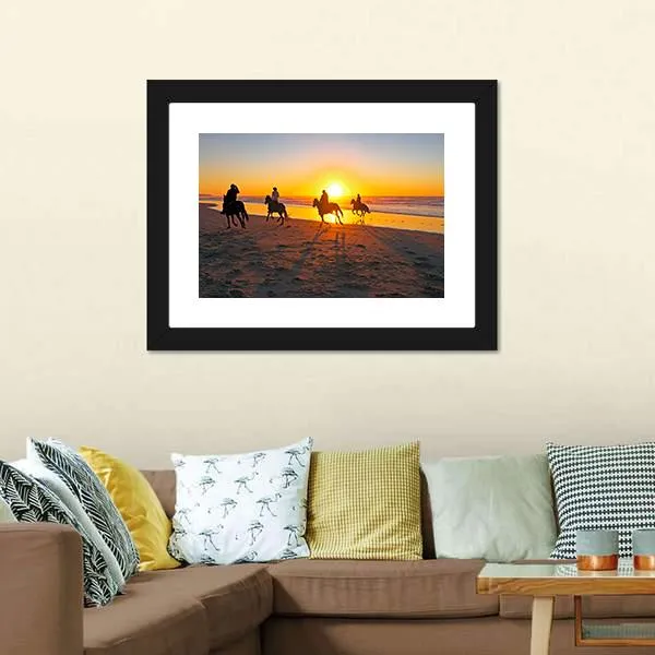 Horse Riding On Beach At Sunset Canvas Wall Art