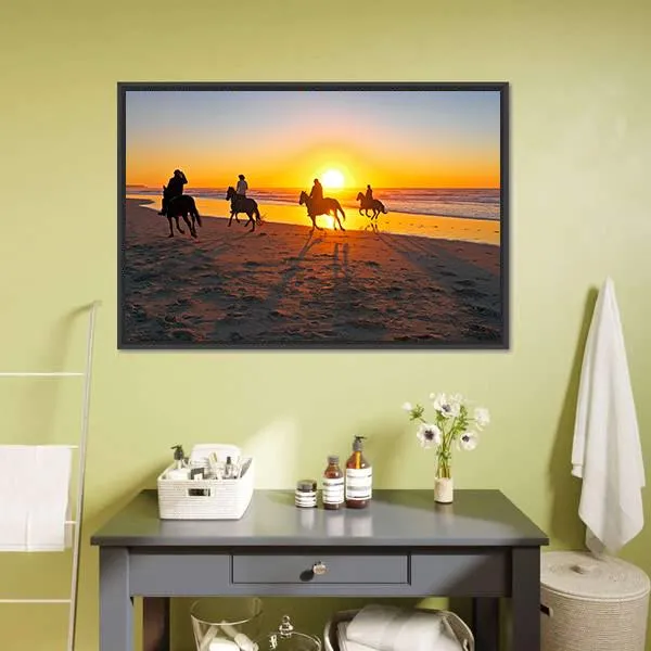 Horse Riding On Beach At Sunset Canvas Wall Art