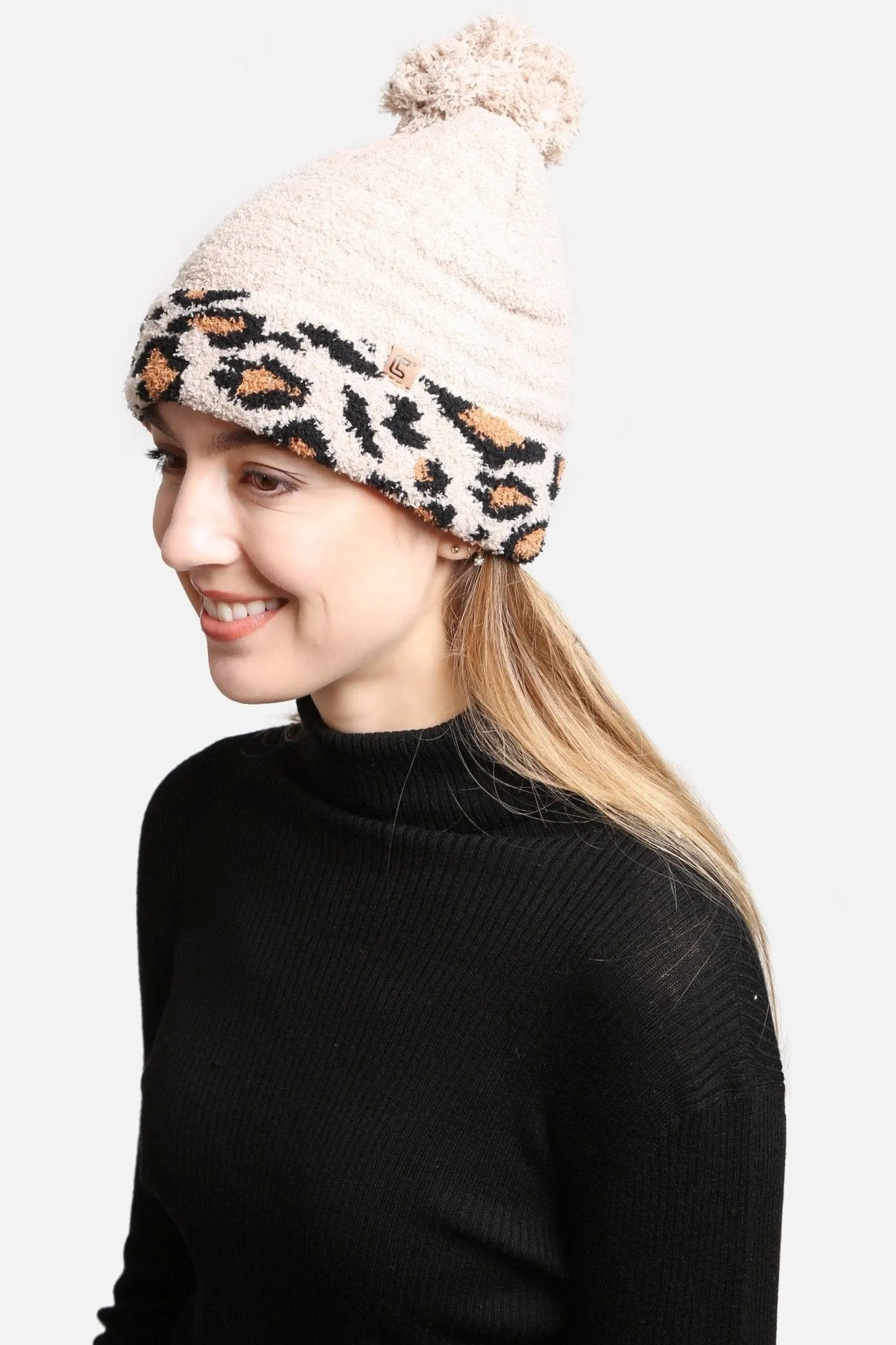 JH303 Leopard Cuffed  Super Lux Lined Pom-Pom Beanie