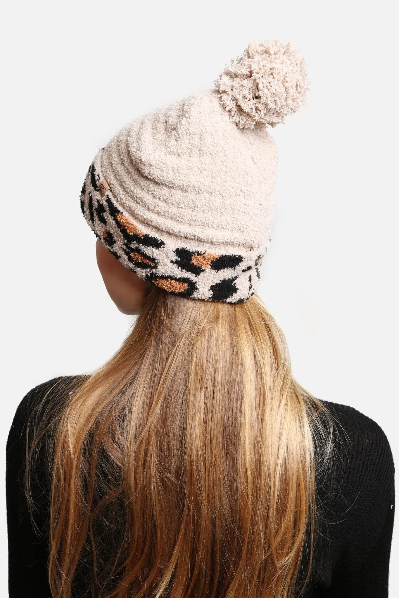 JH303 Leopard Cuffed  Super Lux Lined Pom-Pom Beanie