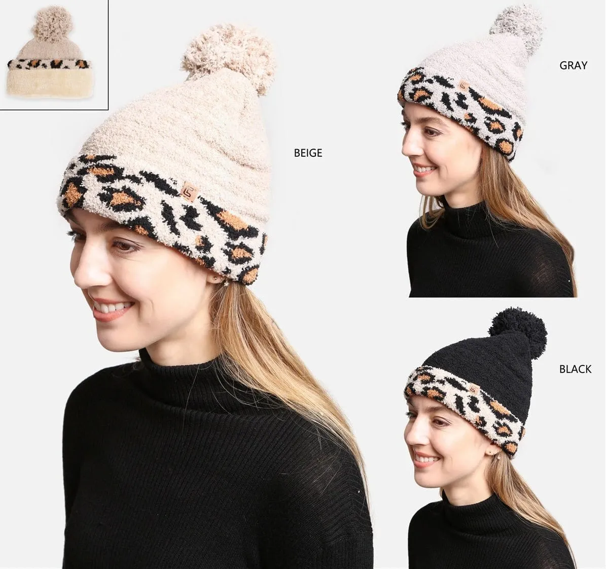 JH303 Leopard Cuffed  Super Lux Lined Pom-Pom Beanie