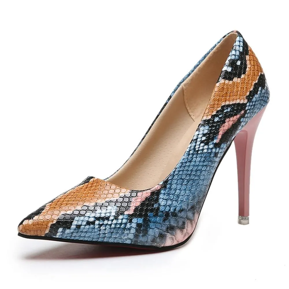 Leather Pointed Toe Snake High Heel Pumps