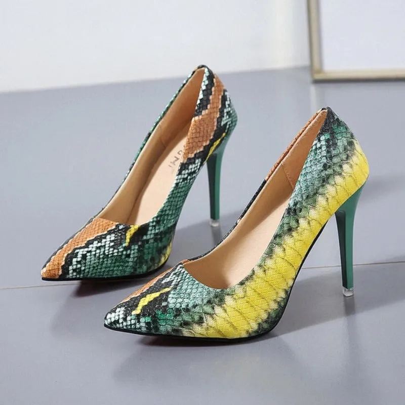 Leather Pointed Toe Snake High Heel Pumps