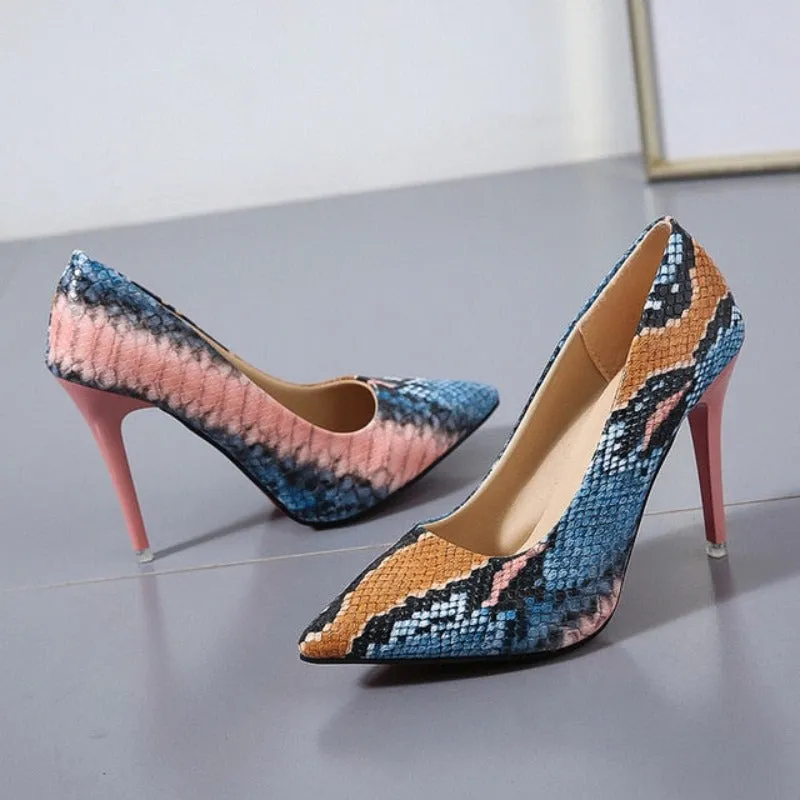 Leather Pointed Toe Snake High Heel Pumps