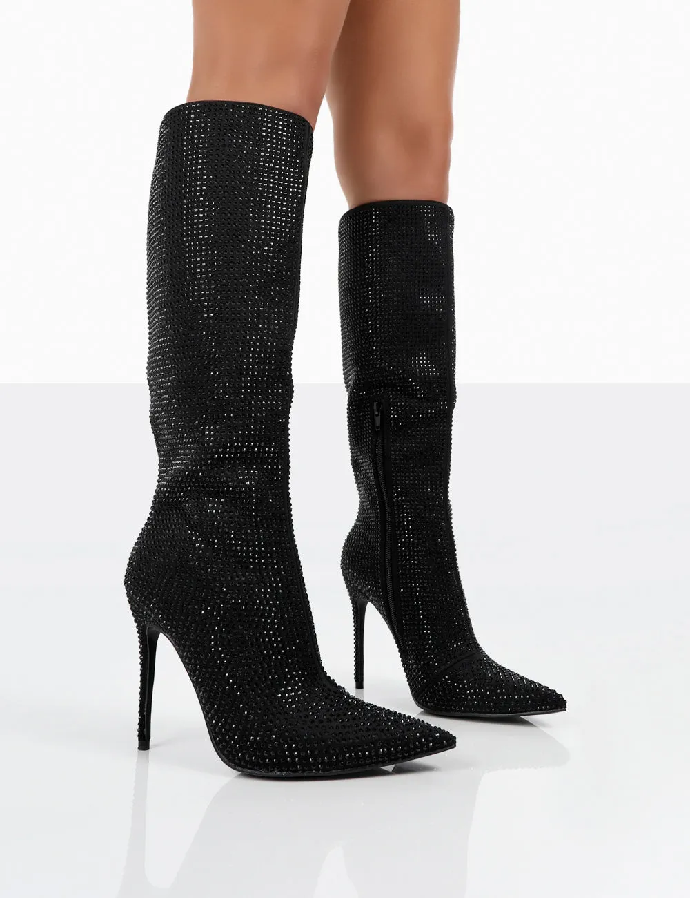 Lexi Black Diamantes Pointed Toe Stiletto Knee High Boots