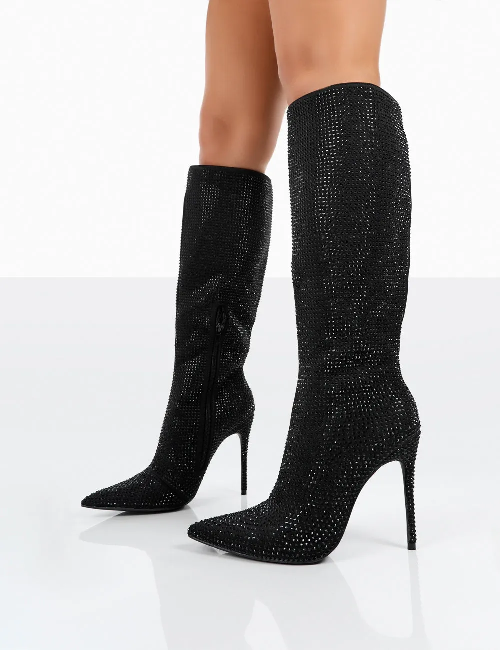 Lexi Black Diamantes Pointed Toe Stiletto Knee High Boots