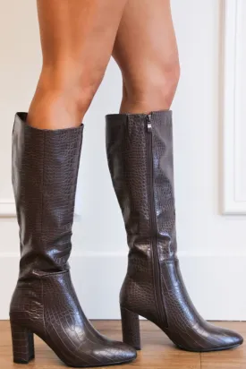 Martha Croc Knee High Boots: Brown