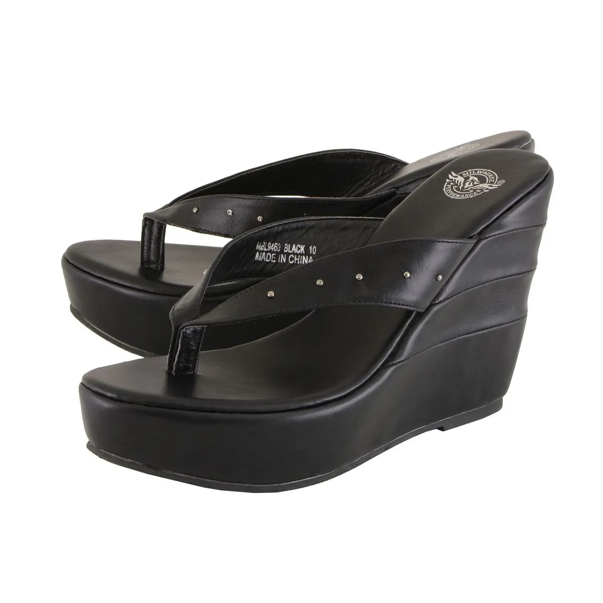 Milwaukee Leather MBL9460 Women's Black Wedge Fashion Casual Sandals with Studded Straps