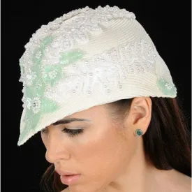 NA1024-Cream straw dress hat with pearls and sequins design