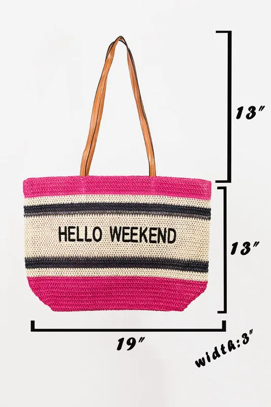 Navy Hello Weekend Straw Braided Tote Bag