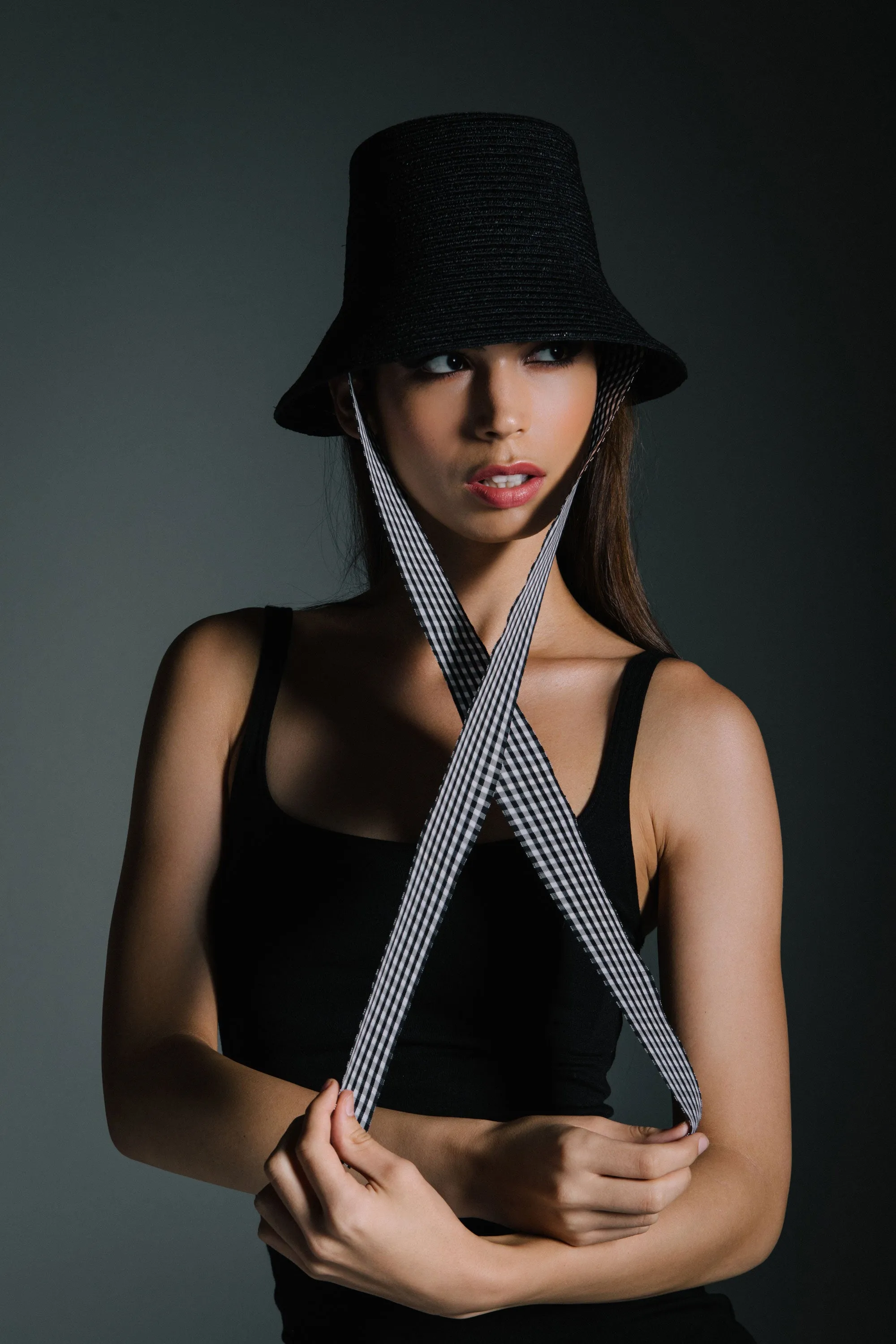 Pardoe: Black Hemp Bucket Hat With Long Gingham Ties As Seen on Dylana Suarez