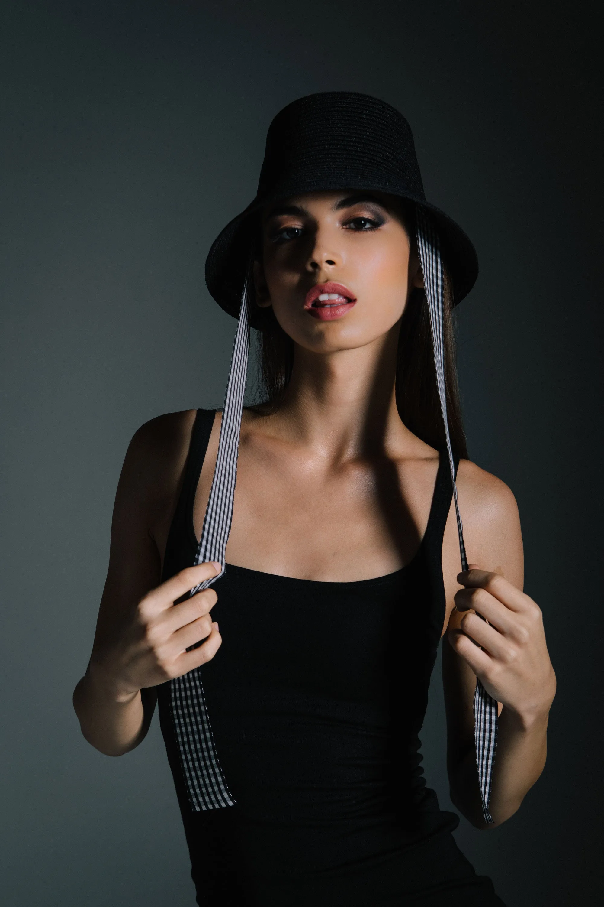 Pardoe: Black Hemp Bucket Hat With Long Gingham Ties As Seen on Dylana Suarez