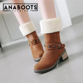 Rivets Warm Fur Cold Snow mid-calf  Square Heels Boots