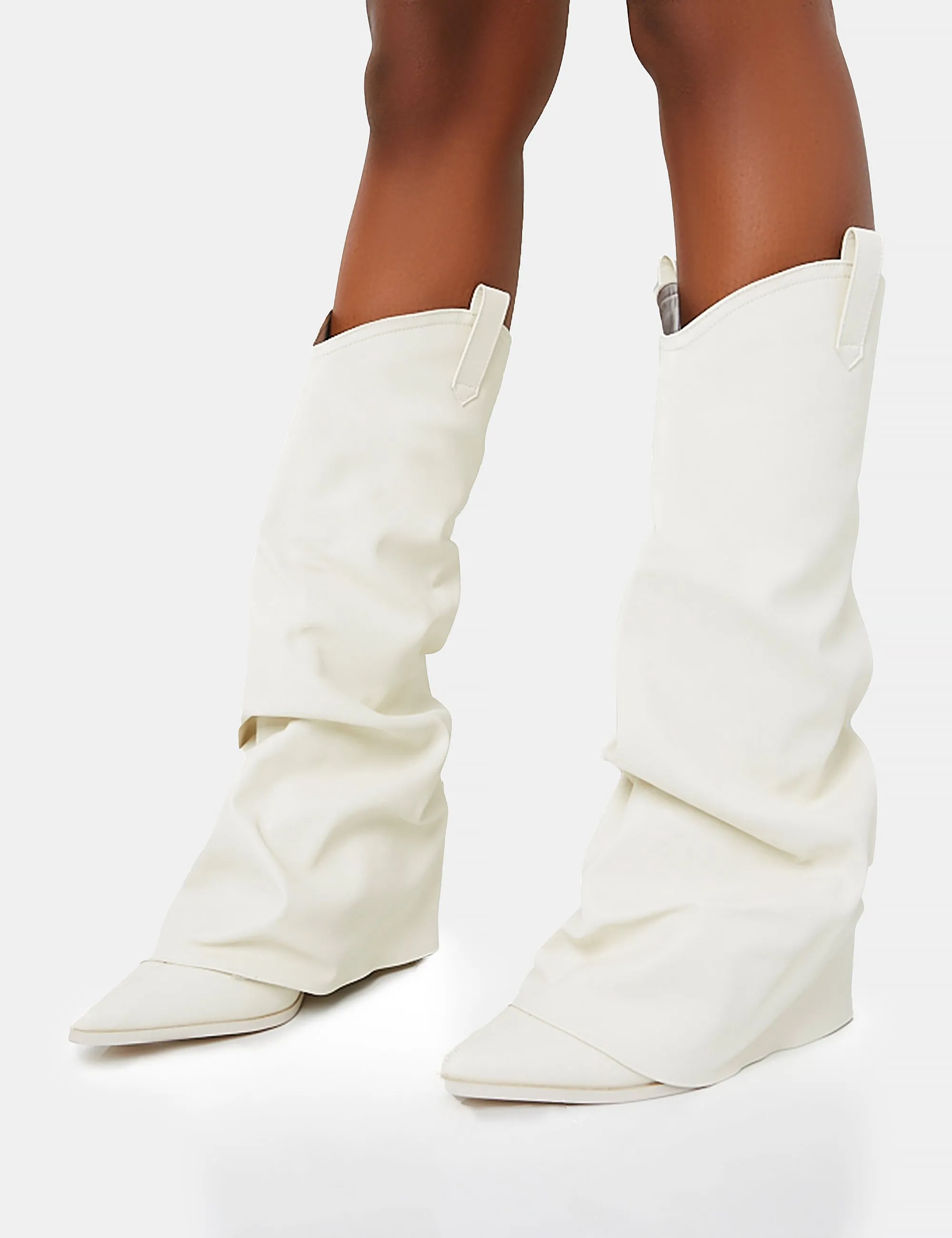 Sheriff White Pu Western Inspired Fold Over Pointed Toe Block Heeled Cowboy Knee High Boots