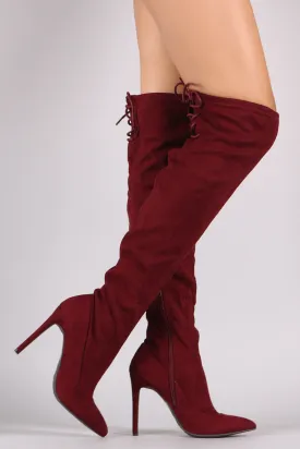 Suede Back Lace Up Stretchy Stiletto Boots